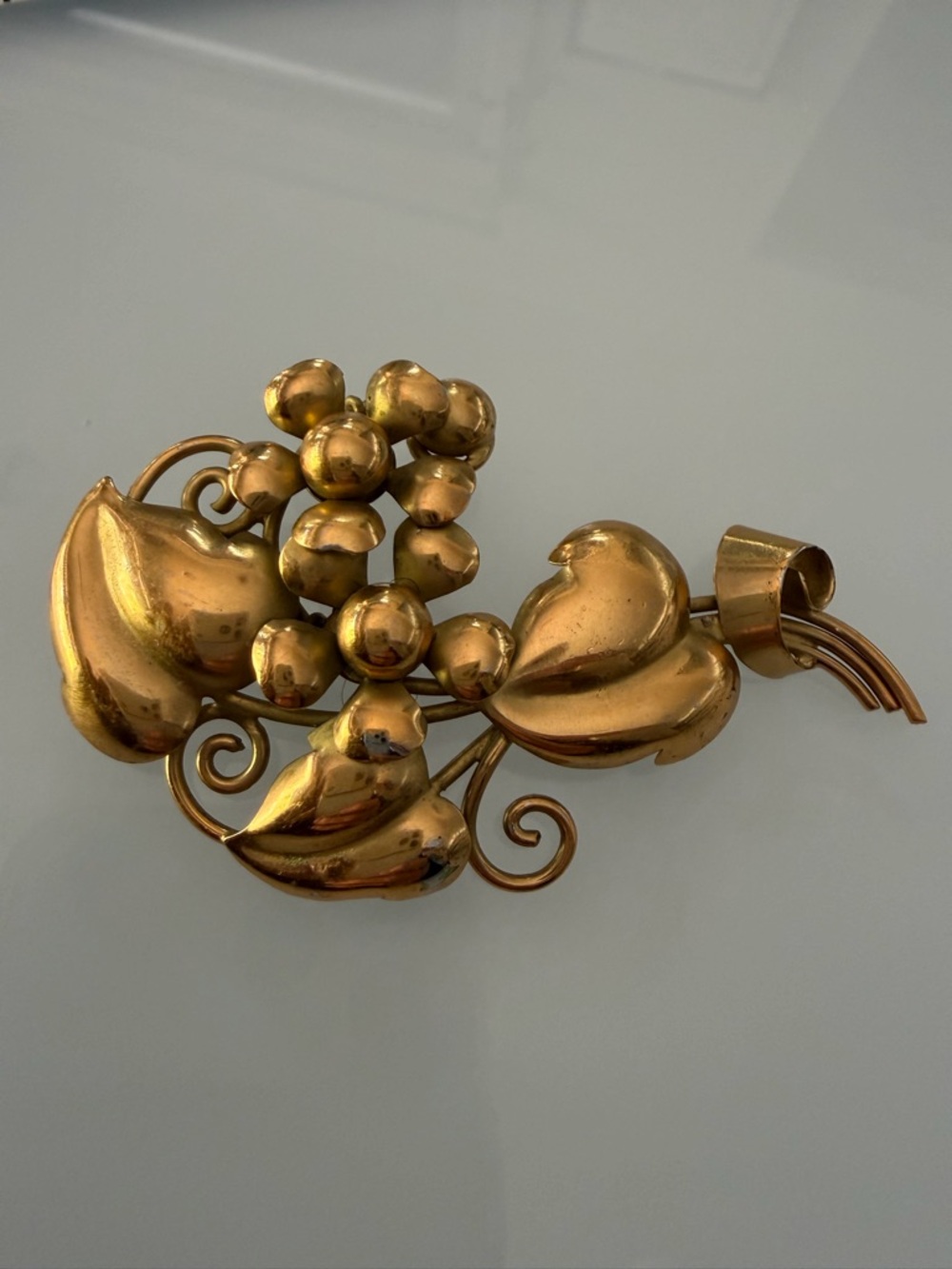 Vintage Gilt Brass  brooch with Grape Vines. Haskell Style 3 1/4” long